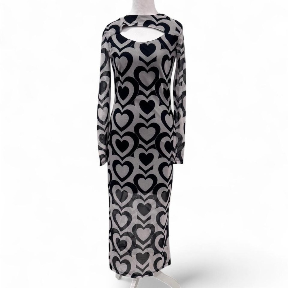 Violet Romance Black And White Heart Mesh Bodycon Long sleeve Dress Women’s S